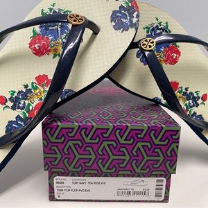 Tory Burch Navy and Tea Rose patterned flip flops